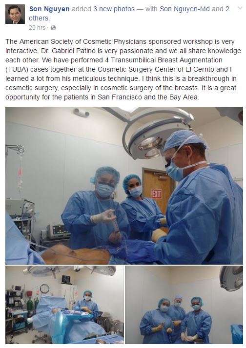Transumbilical Breast Augmentation, Dr. Patino, The Cosmetic Surgical Center of El Cerrito, Oakland, CA